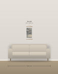 Owl in ginkgo – size comparison, 30 x 60 cm above a 210 cm sofa