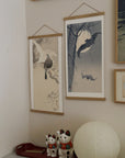 Bats and full moon – Ohara Koson art print 30 x 60 cm on a wooden poster hanger in an interior