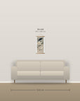 Myna on Magnolia Branch – size comparison, 30 x 60 cm above a 210 cm sofa