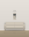 Two pigeons with falling ginko leaves – size comparison, 30 x 60 cm above a 210 cm sofa