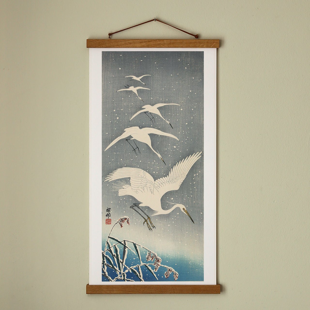 Descending egrets in snow - Japonica Graphic