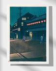 Japanese Art Poster by Kawase Hasui: Serene night scene of a Japanese street, beautifully depicted in a traditional painting