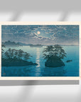 Japanese Art Poster by Kawase Hasui, featuring a serene moonlit night with small islands on the sea