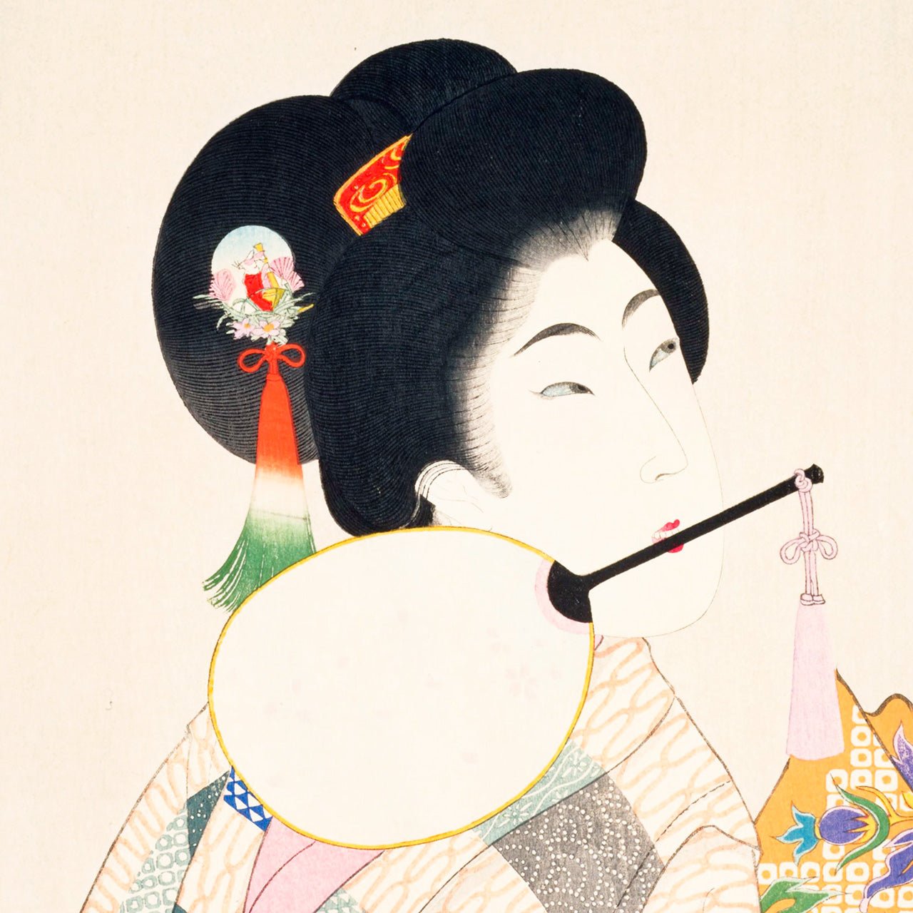 Lady holding a firefly basket with a fan in her mouth - Japonica Graphic