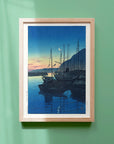 Framed Japanese Art Poster by Kawase Hasui featuring boats in water at morning