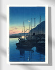 Japanese Art Poster by Kawase Hasui featuring boats in water at morning