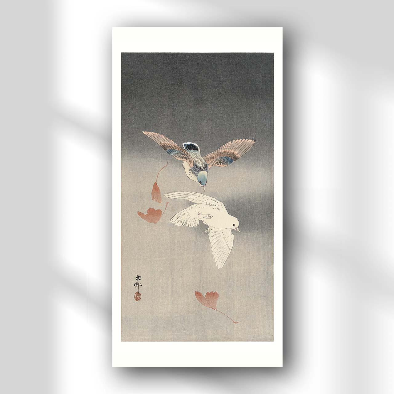 Two pigeons with falling ginko leaves - Japonica Graphic