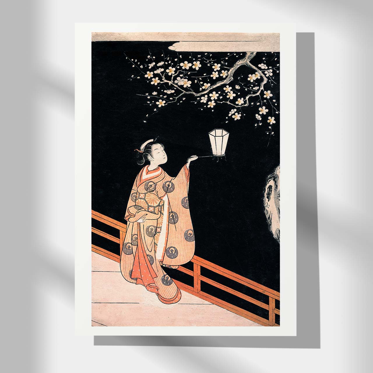 Woman Admiring Plum Blossoms at Night - Japonica Graphic