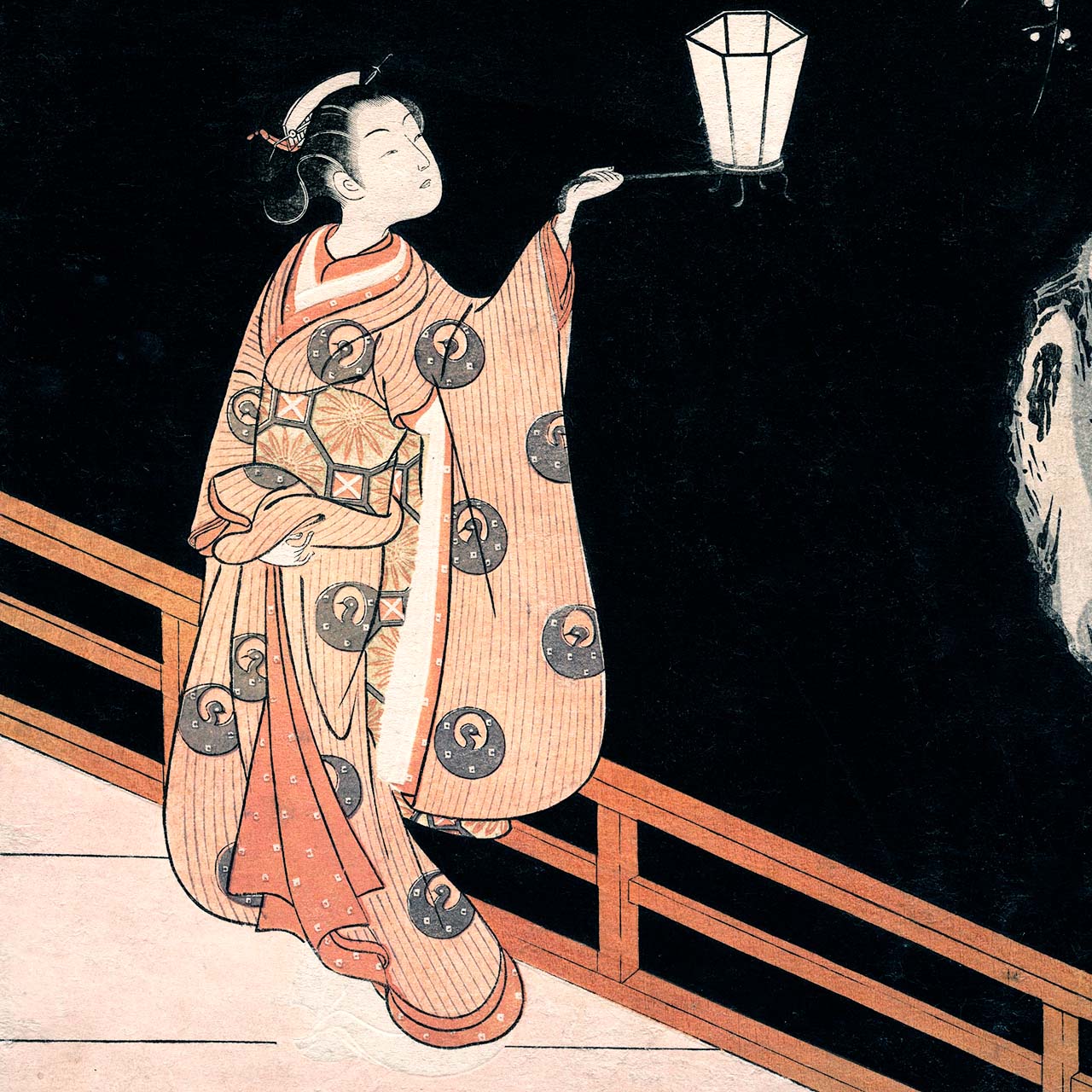 Woman Admiring Plum Blossoms at Night - Japonica Graphic
