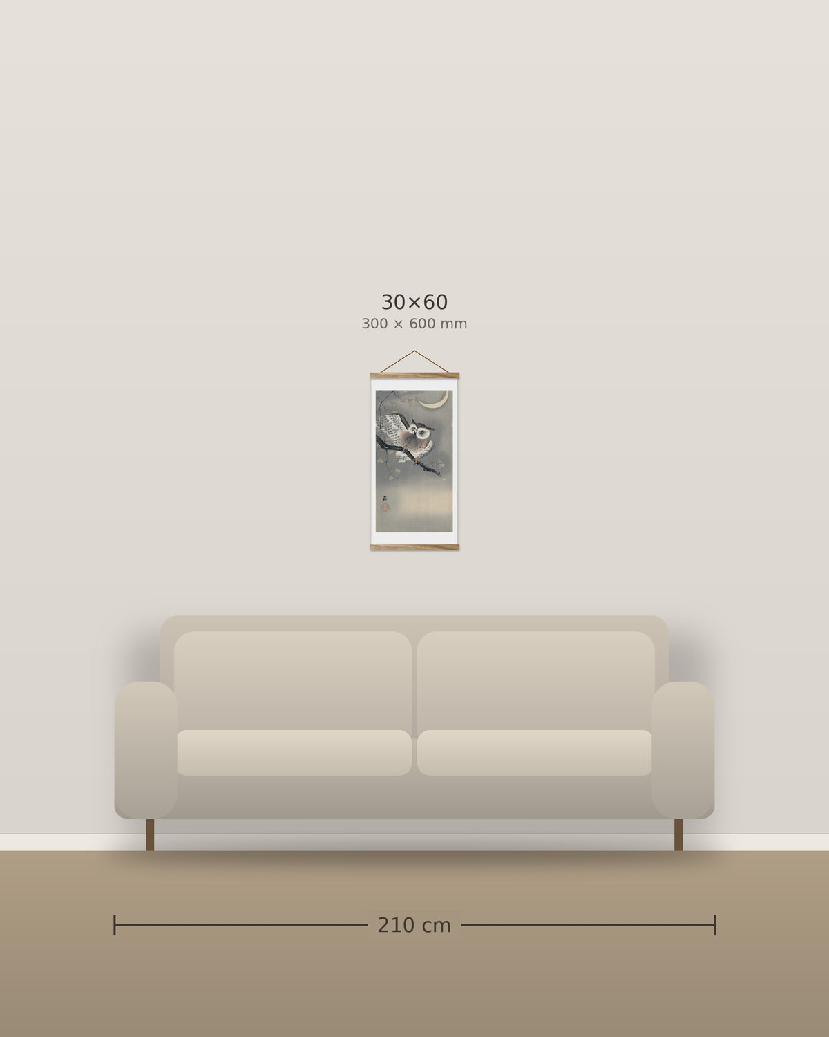 Owl in ginkgo – size comparison, 30 x 60 cm above a 210 cm sofa