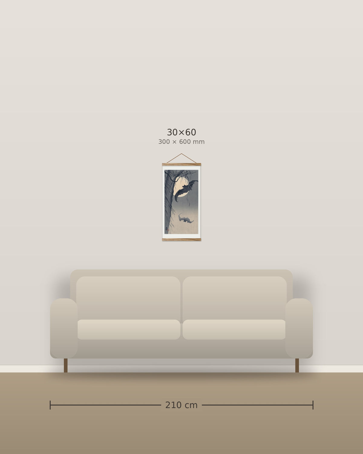 Bats and full moon – size comparison, 30 x 60 cm above a 210 cm sofa