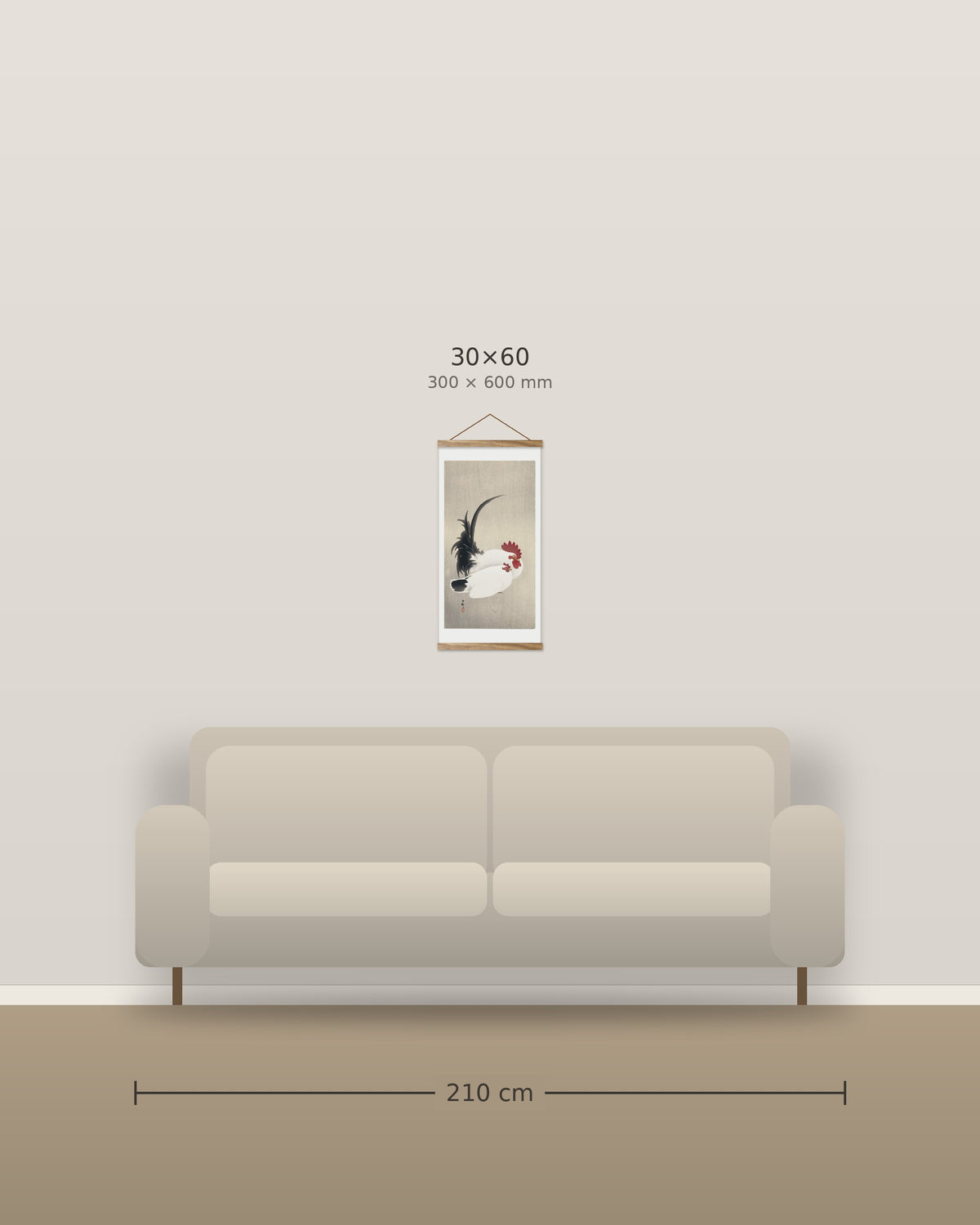 Rooster and Hen – size comparison, 30 x 60 cm above a 210 cm sofa