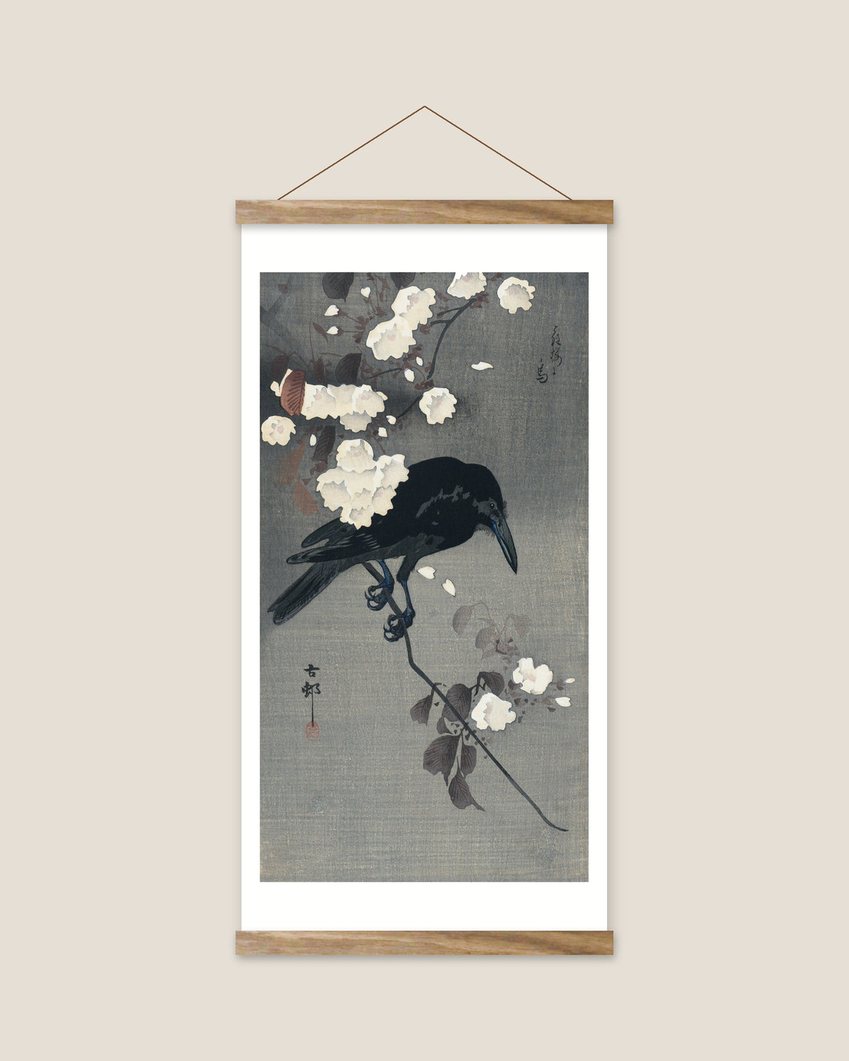 Crow on a cherry branch – Ohara Koson art print 30 x 60 cm with wooden poster hanger