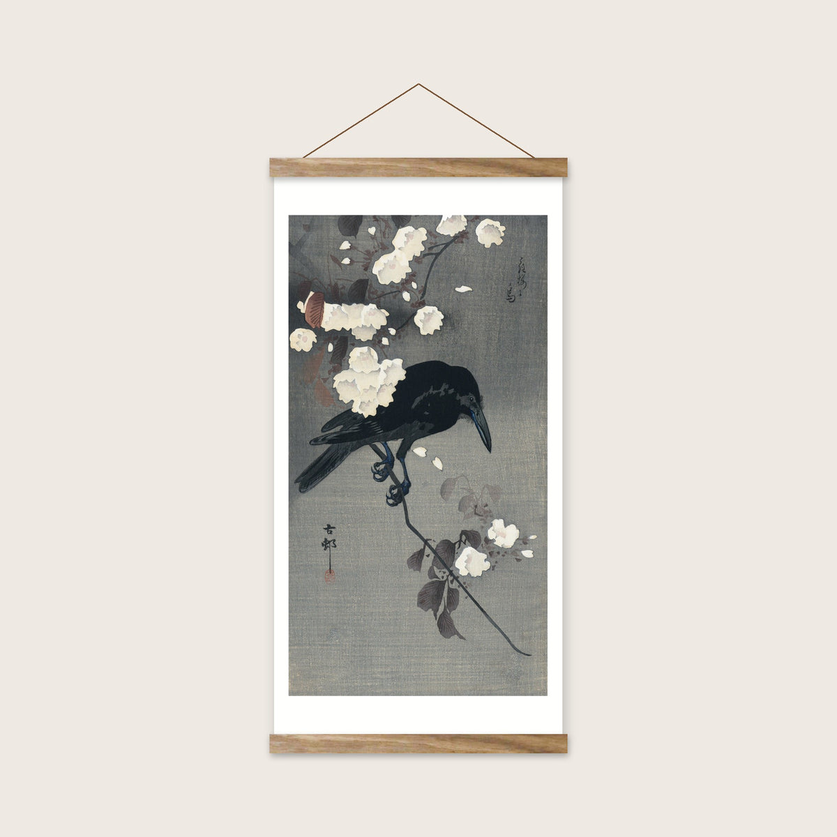 Crow on a cherry branch – Ohara Koson art print 30 x 60 cm with wooden poster hanger