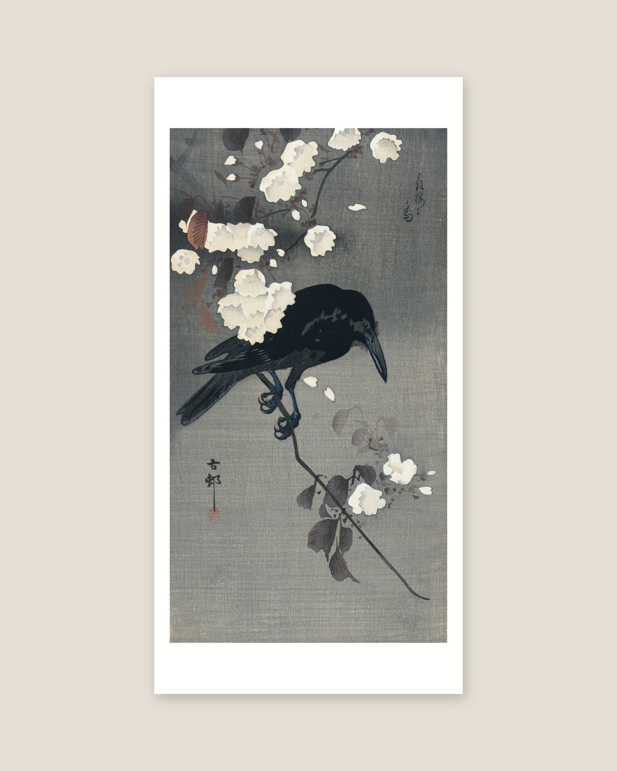 Crow on a cherry branch – Ohara Koson art print 30 x 60 cm