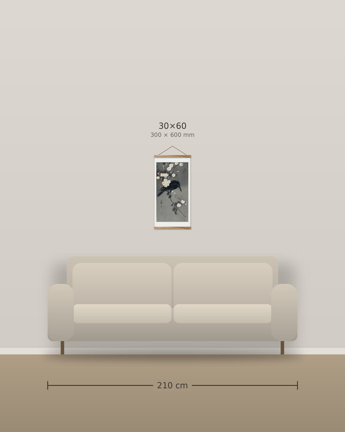 Crow on a cherry branch – size comparison, 30 x 60 cm above a 210 cm sofa
