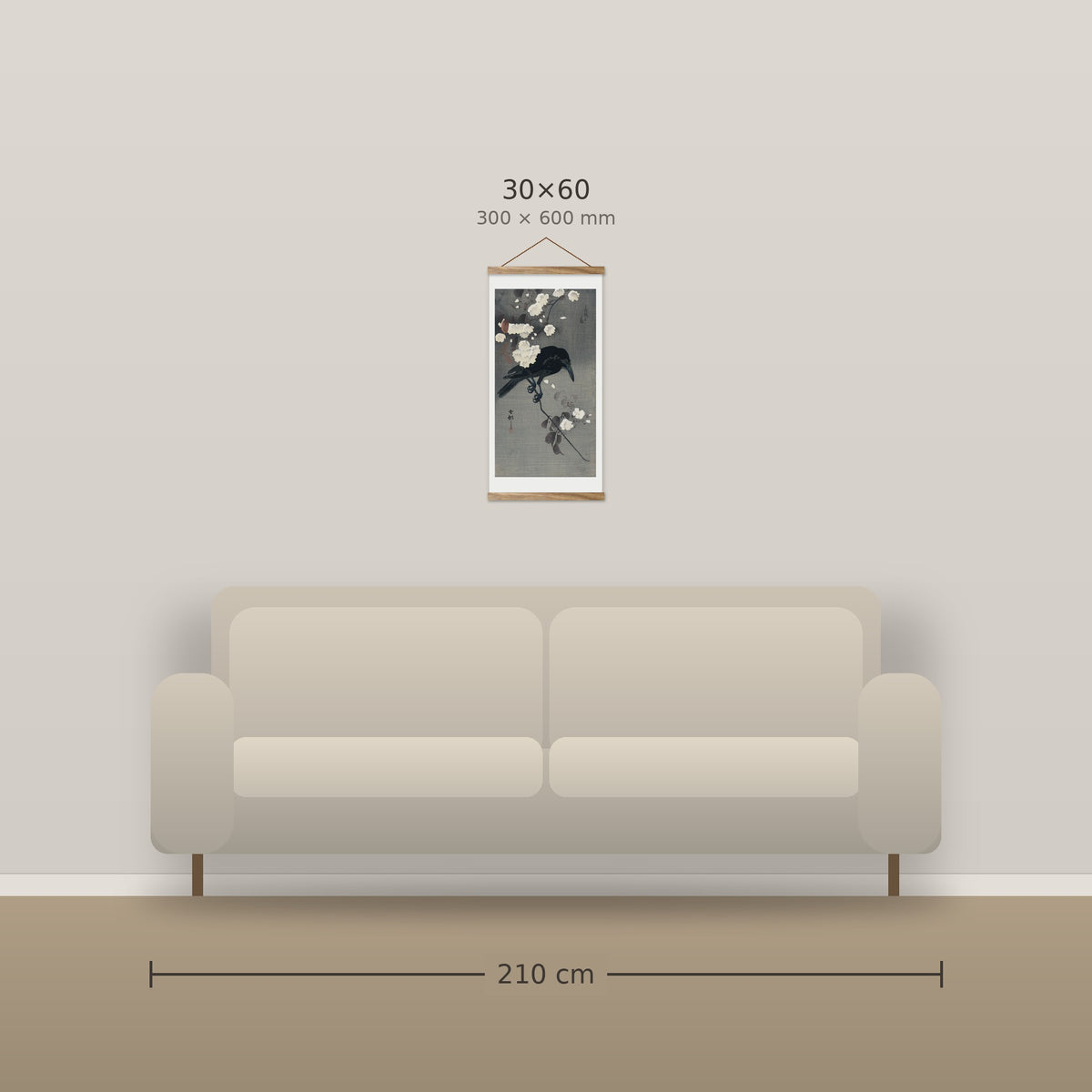 Crow on a cherry branch – size comparison, 30 x 60 cm above a 210 cm sofa