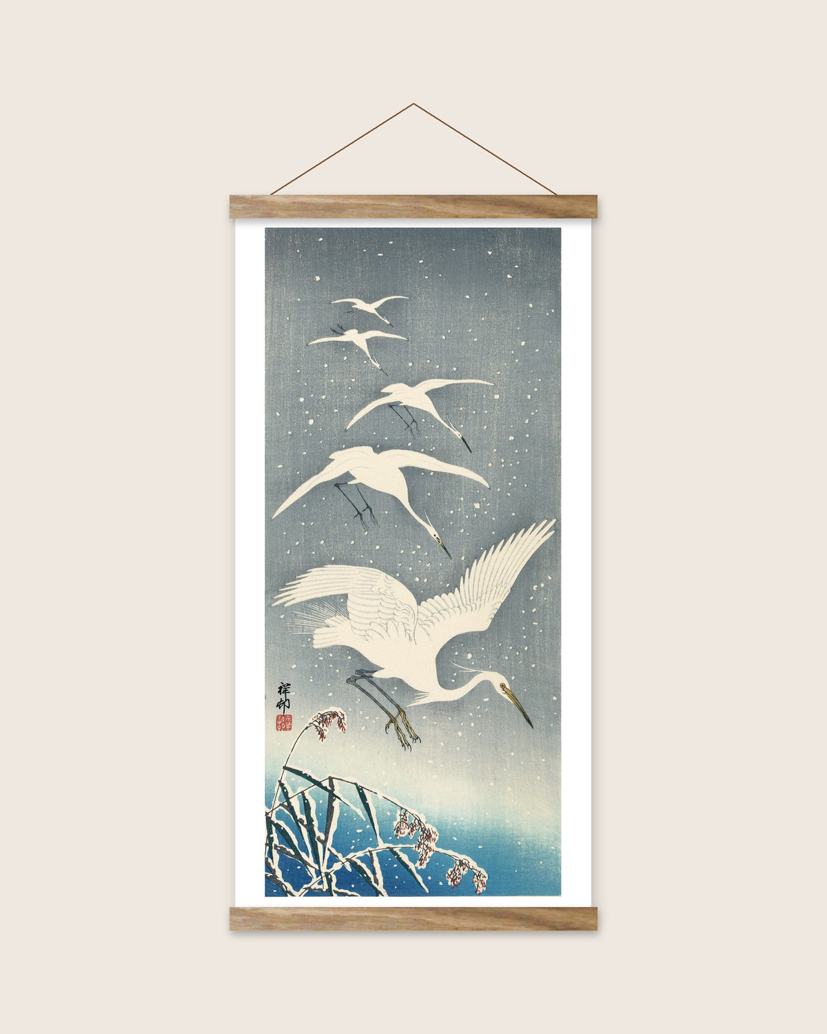 Descending egrets in snow – Ohara Koson art print 30 x 60 cm with wooden poster hanger