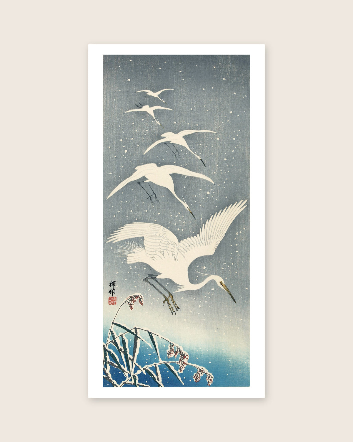 Descending egrets in snow – Ohara Koson art print 30 x 60 cm