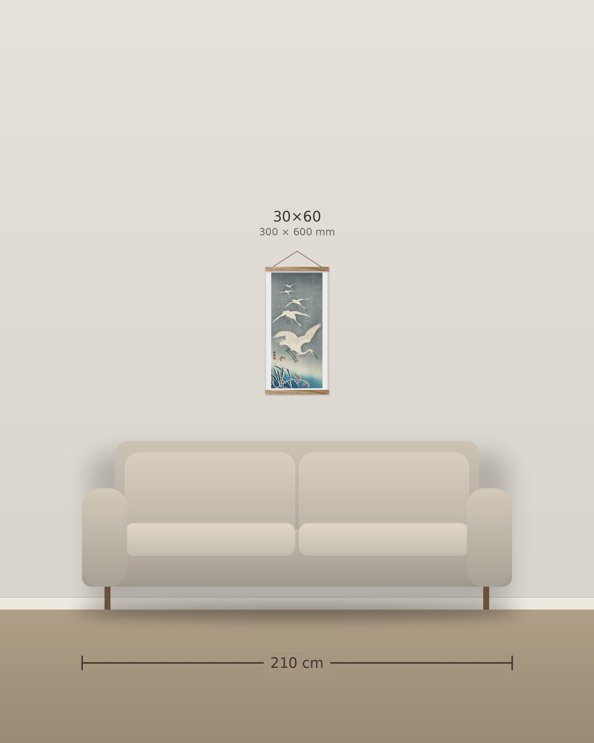 Descending egrets in snow – size comparison, 30 x 60 cm above a 210 cm sofa