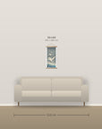 Descending egrets in snow – size comparison, 30 x 60 cm above a 210 cm sofa