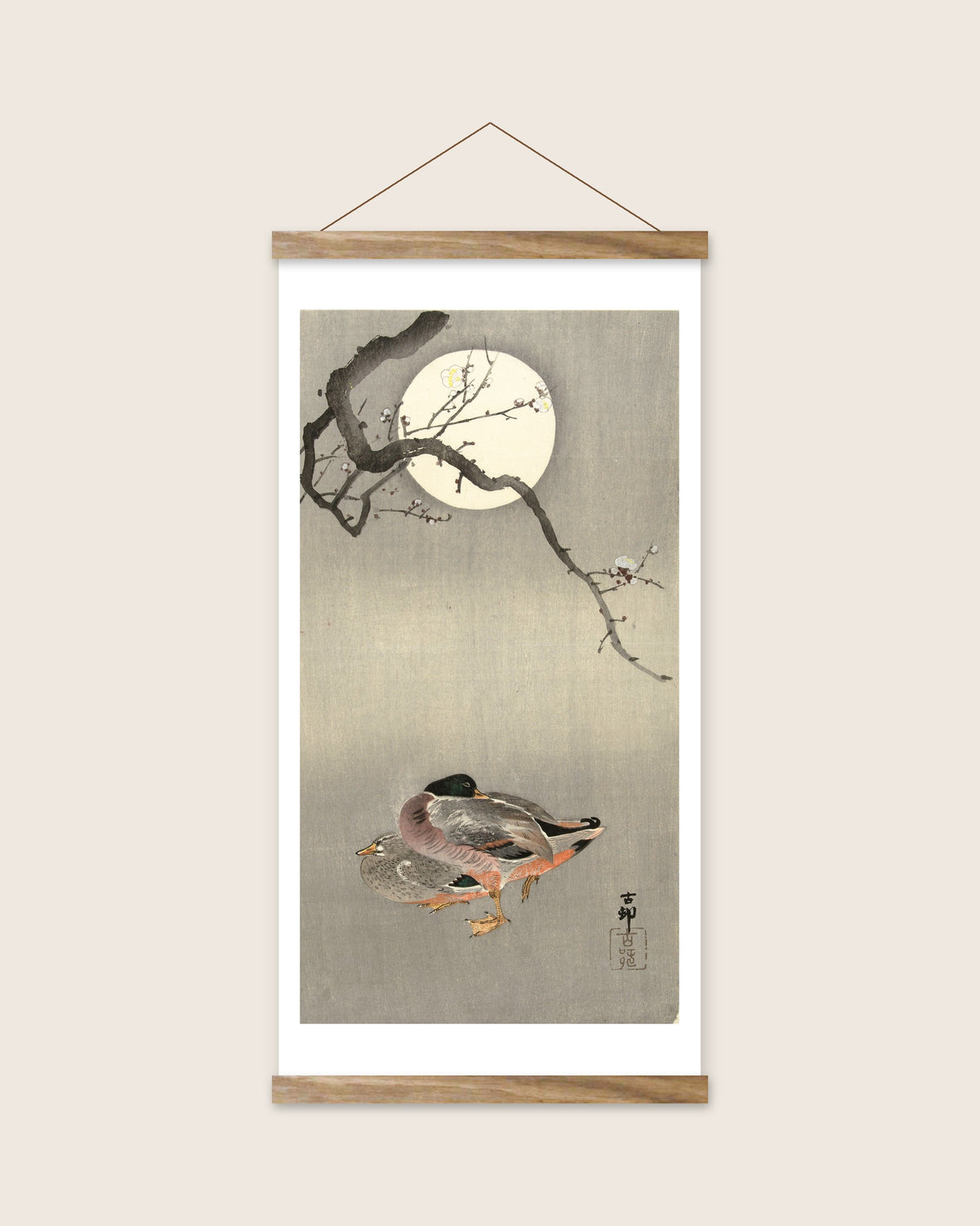 Ducks at full moon – Ohara Koson art print 30 x 60 cm with wooden poster hanger