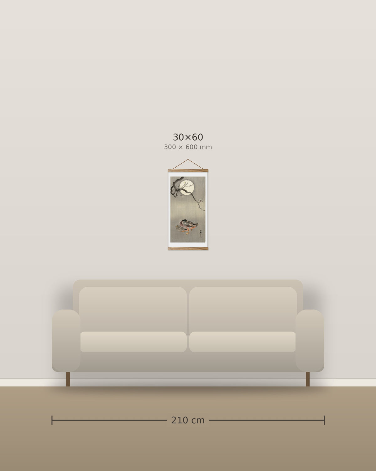 Ducks at full moon – size comparison, 30 x 60 cm above a 210 cm sofa
