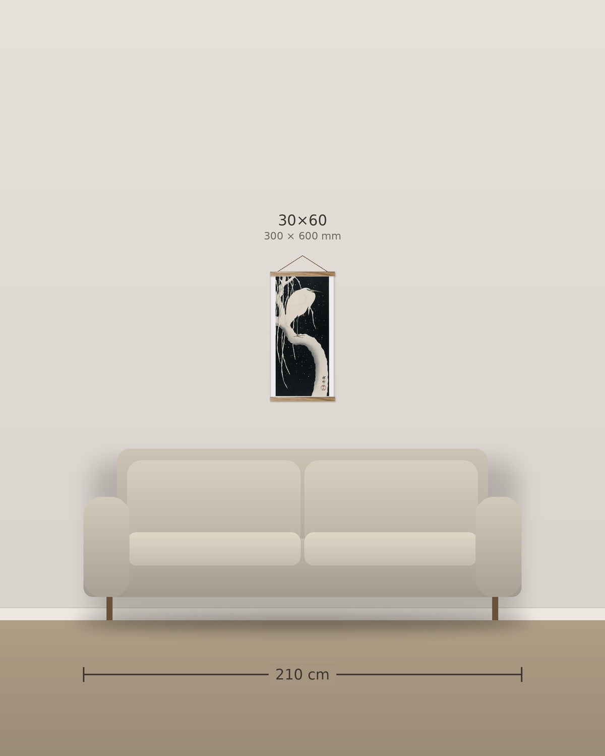 Egret in snow – size comparison, 30 x 60 cm above a 210 cm sofa