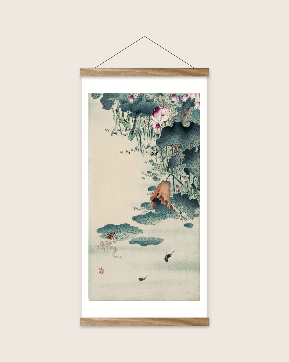 Frog and tadpoles – Ohara Koson art print 30 x 60 cm with wooden poster hanger