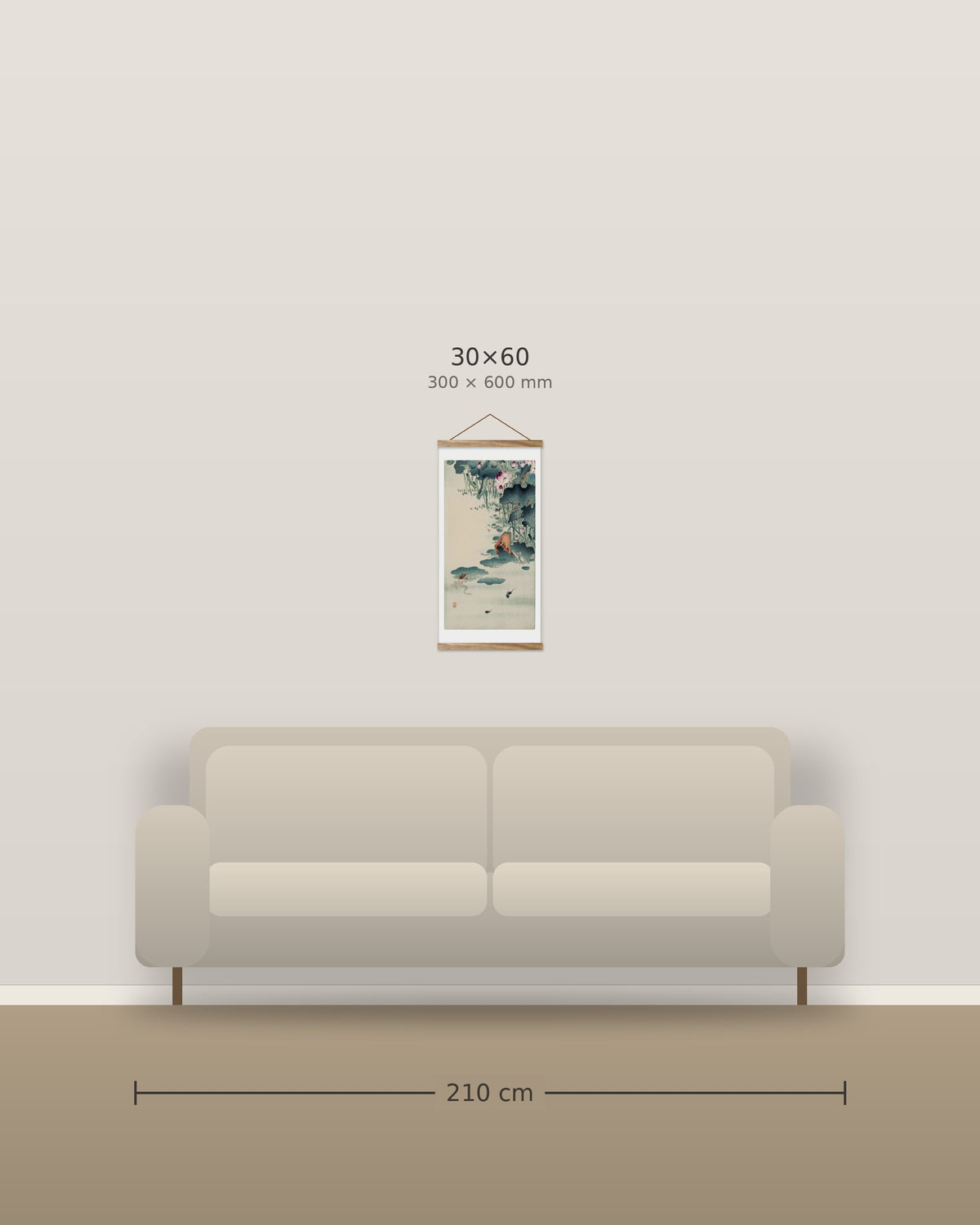 Frog and tadpoles – size comparison, 30 x 60 cm above a 210 cm sofa