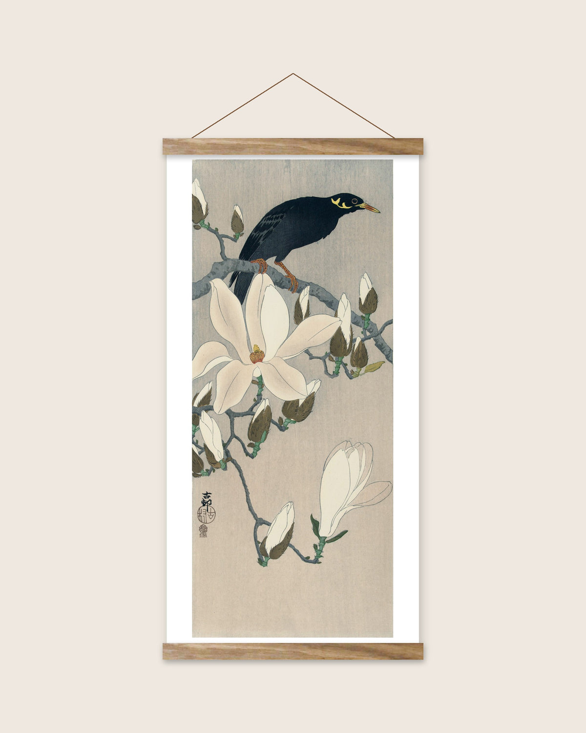 Myna on Magnolia Branch – Ohara Koson art print 30 x 60 cm with wooden poster hanger