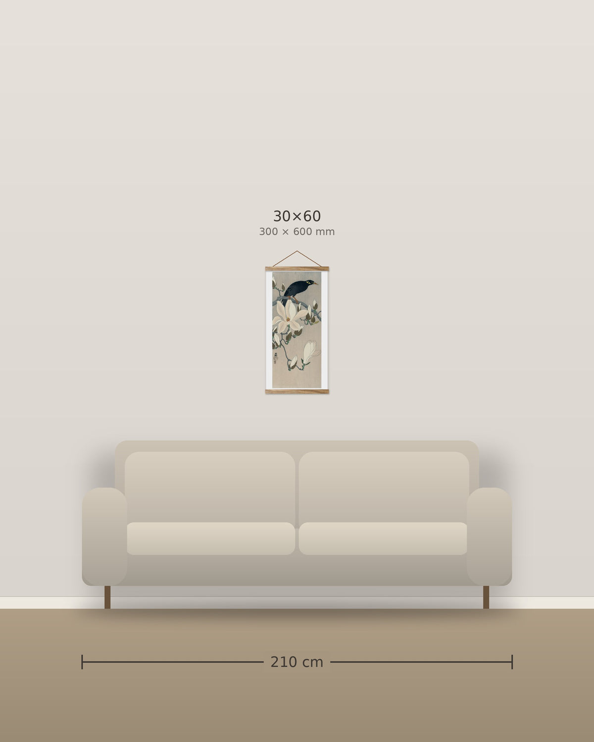 Myna on Magnolia Branch – size comparison, 30 x 60 cm above a 210 cm sofa