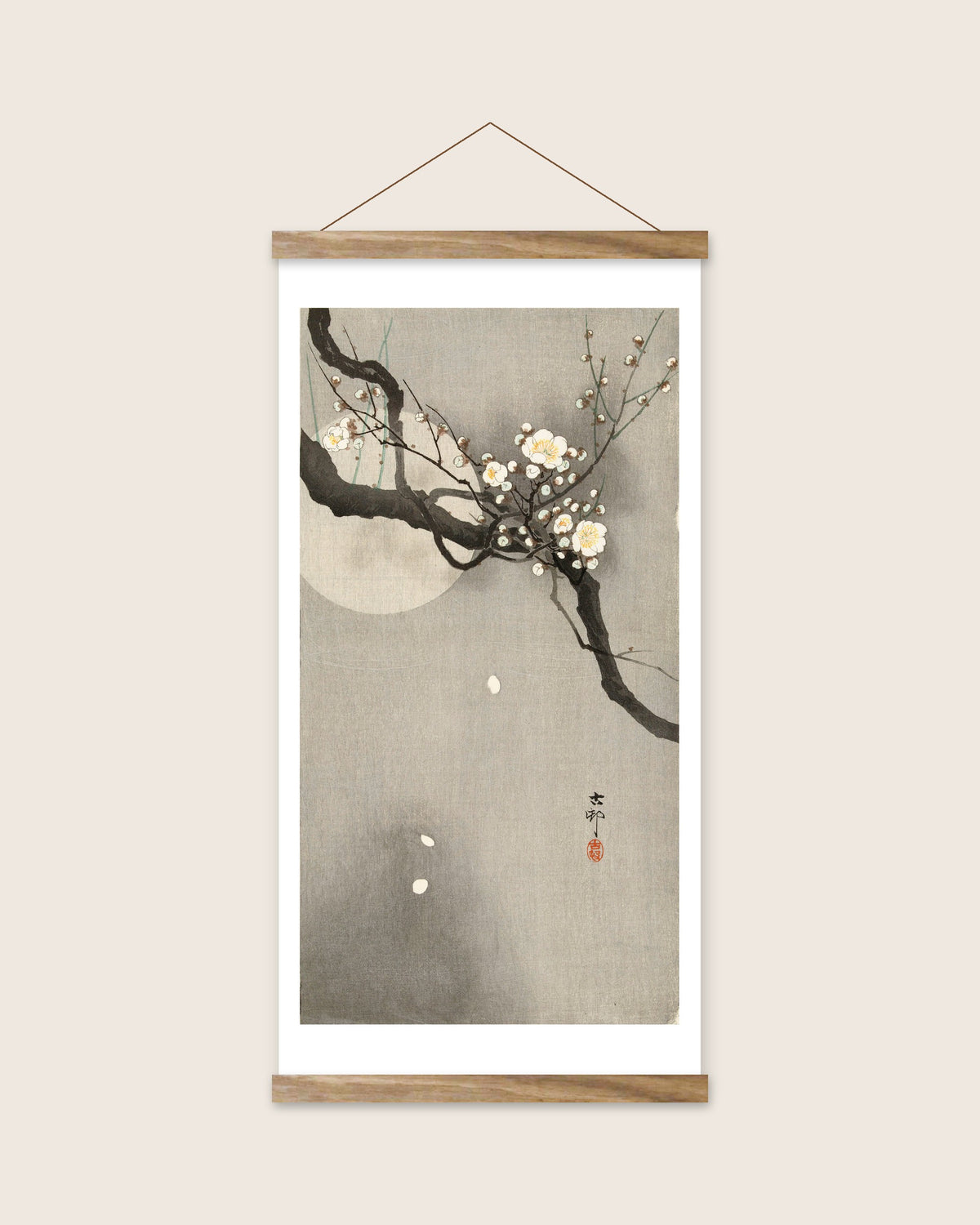 Plum blossom and full moon – Ohara Koson art print 30 x 60 cm with wooden poster hanger