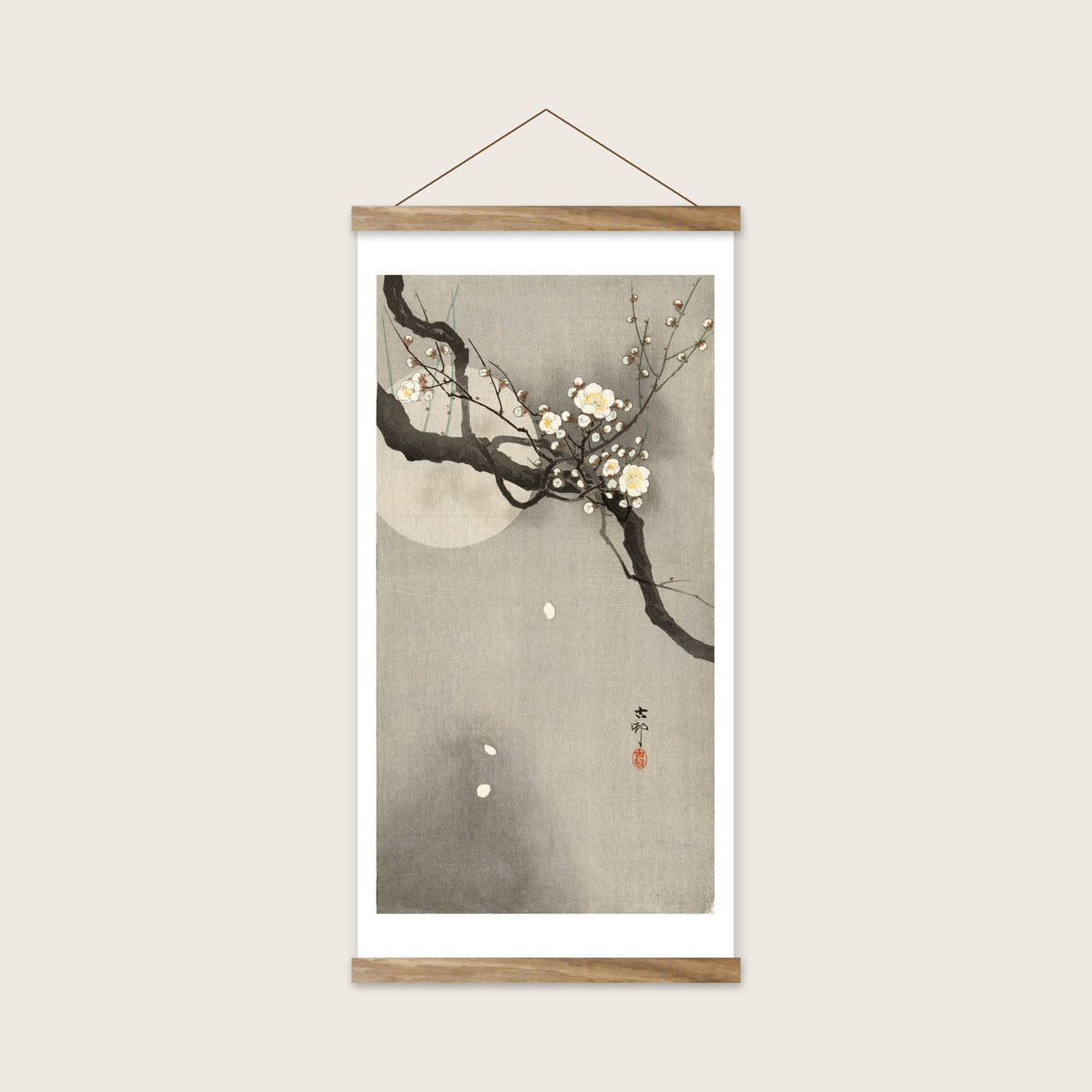Plum blossom and full moon – Ohara Koson art print 30 x 60 cm with wooden poster hanger