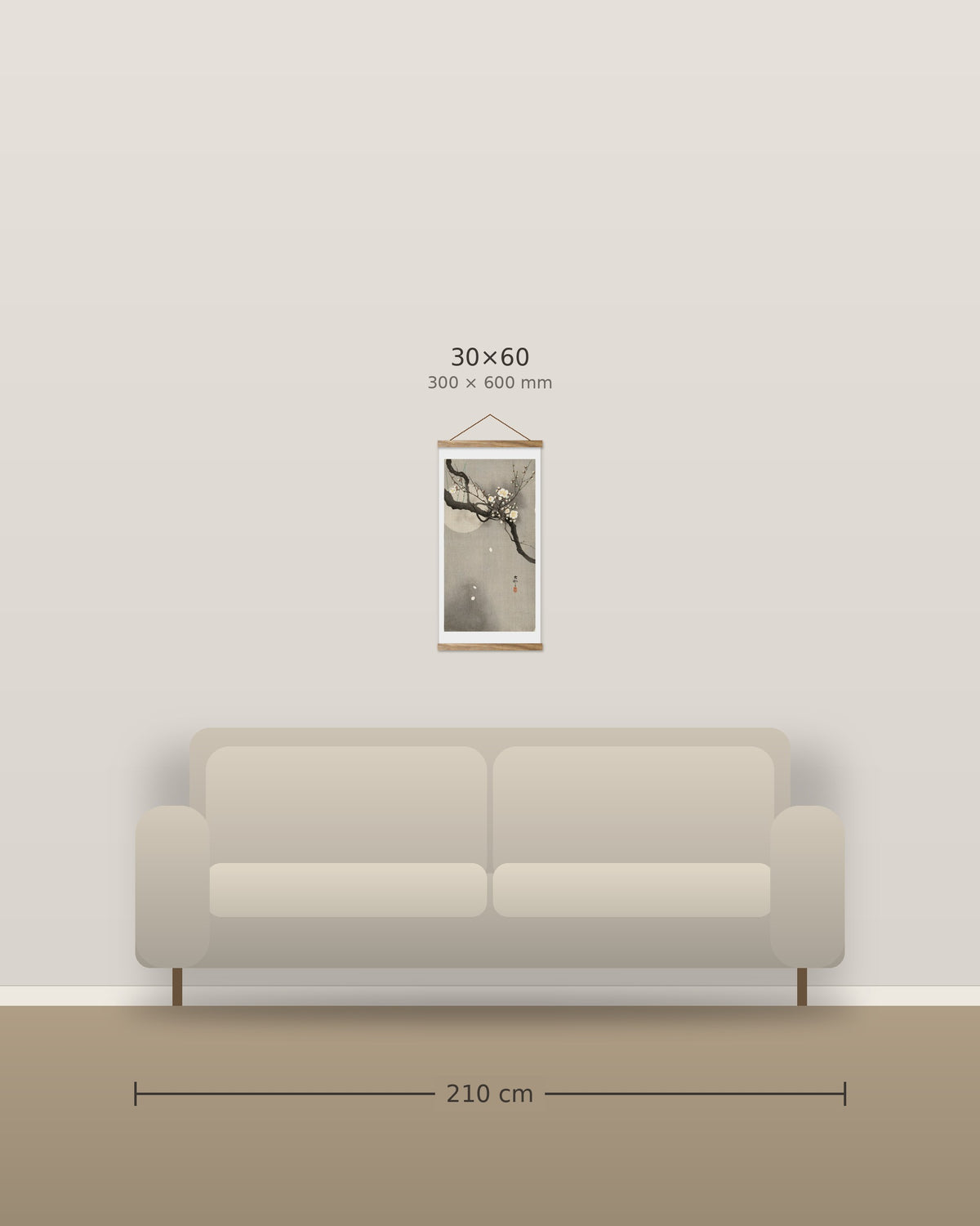 Plum blossom and full moon – size comparison, 30 x 60 cm above a 210 cm sofa