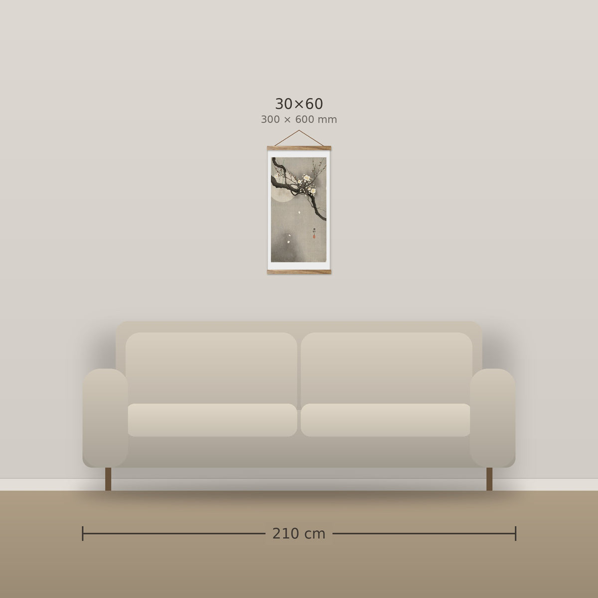 Plum blossom and full moon – size comparison, 30 x 60 cm above a 210 cm sofa