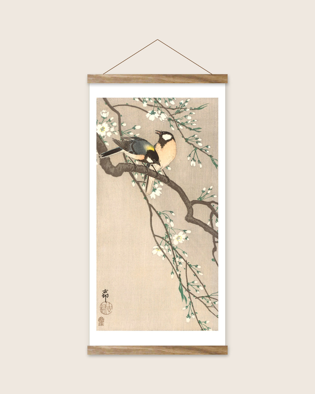 Tits on Cherry Branch – Ohara Koson art print 30 x 60 cm with wooden poster hanger