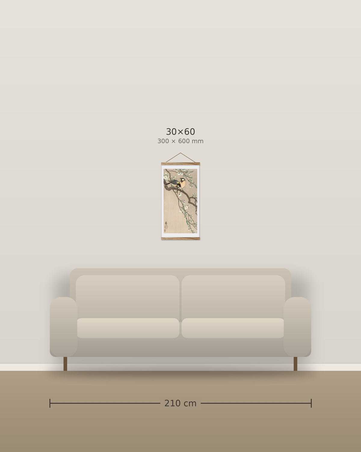 Tits on Cherry Branch – size comparison, 30 x 60 cm above a 210 cm sofa