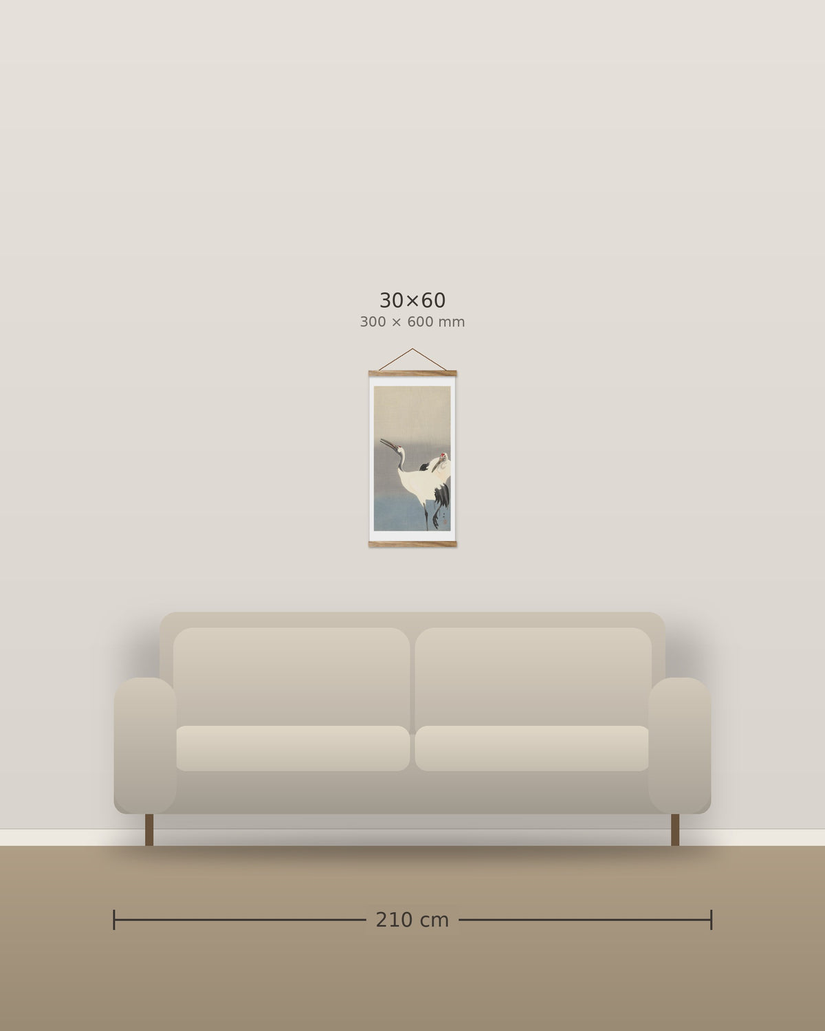 Two cranes – size comparison, 30 x 60 cm above a 210 cm sofa