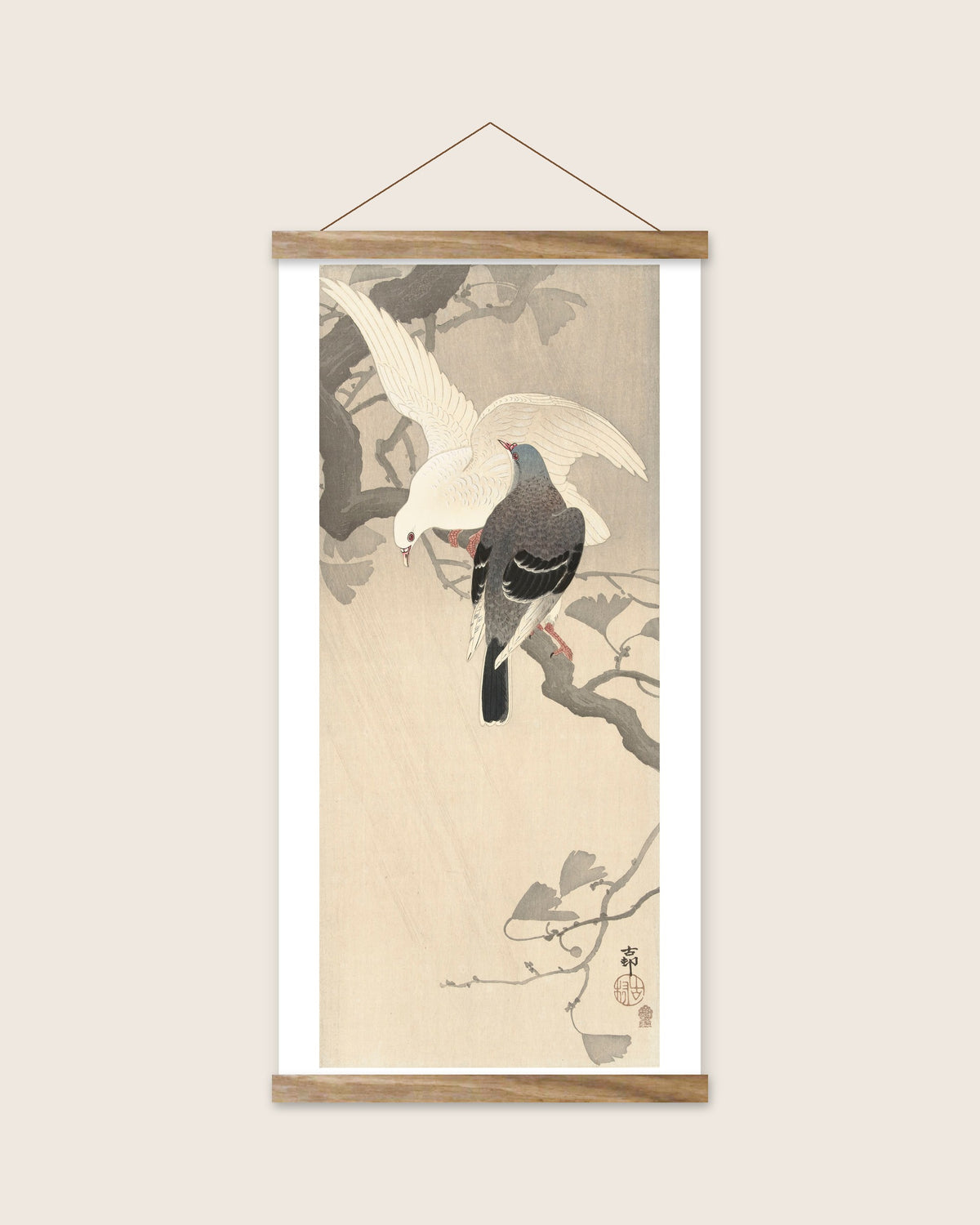 Two doves on a branch – Ohara Koson art print 30 x 60 cm with wooden poster hanger