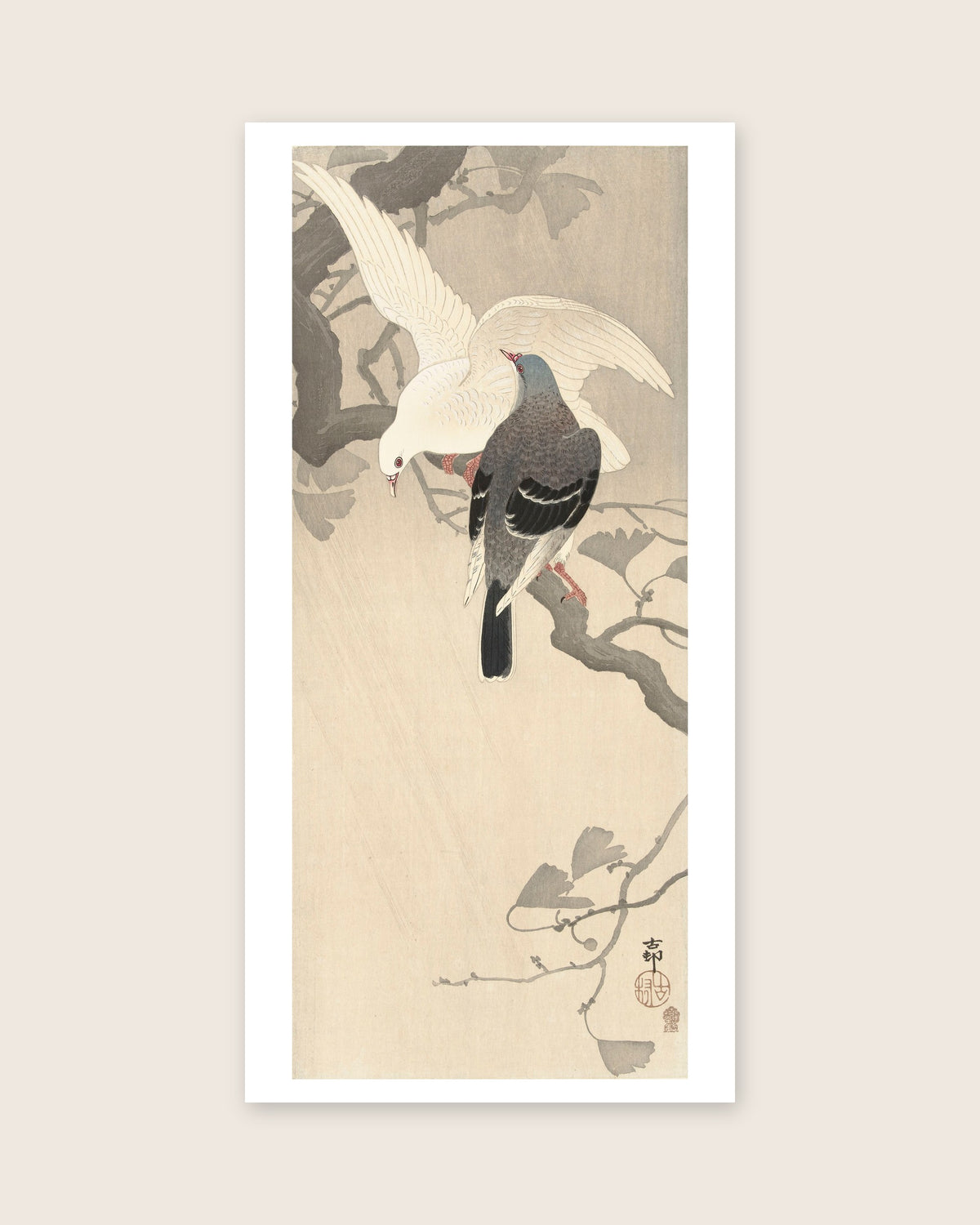 Two doves on a branch – Ohara Koson art print 30 x 60 cm