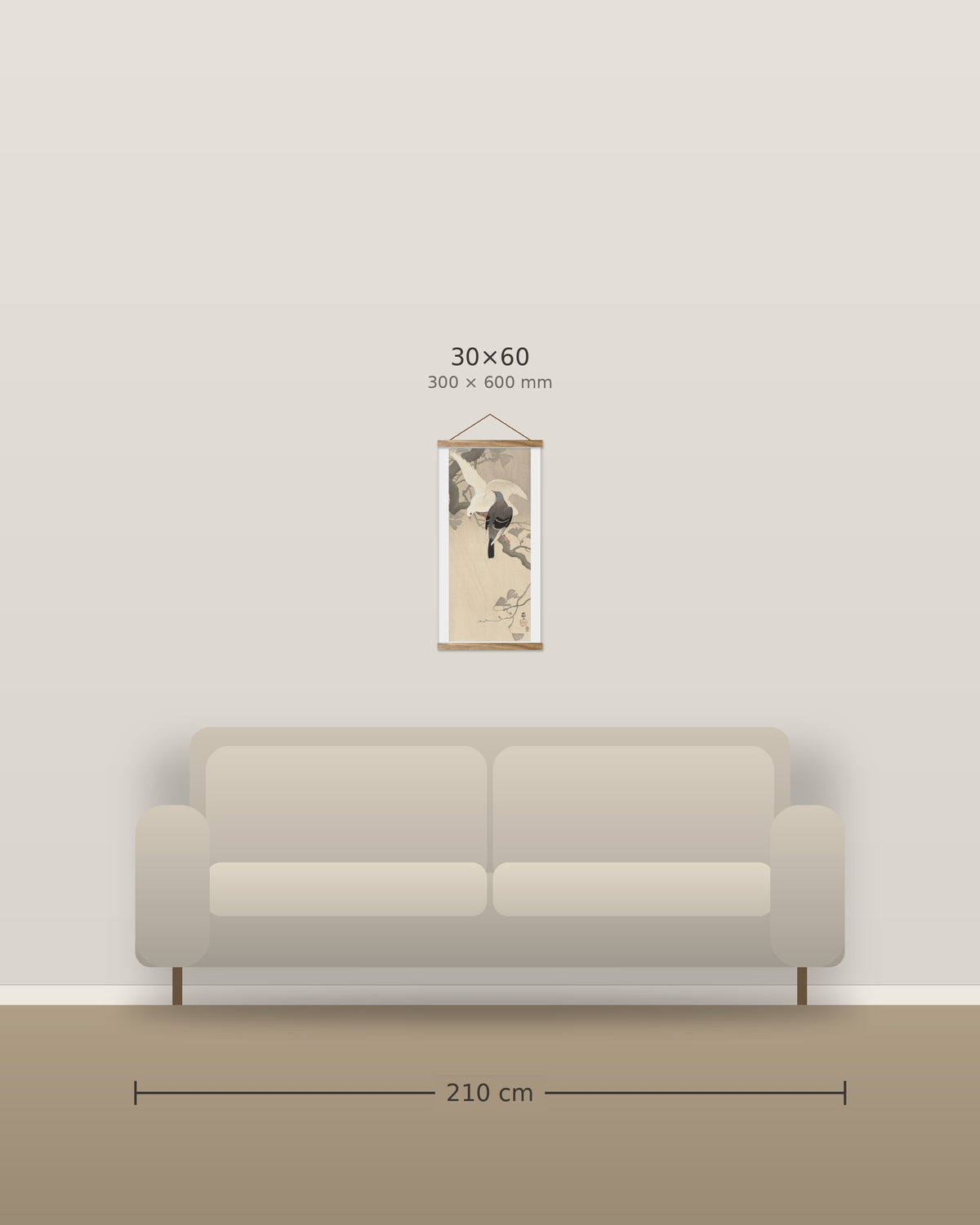 Two doves on a branch – size comparison, 30 x 60 cm above a 210 cm sofa