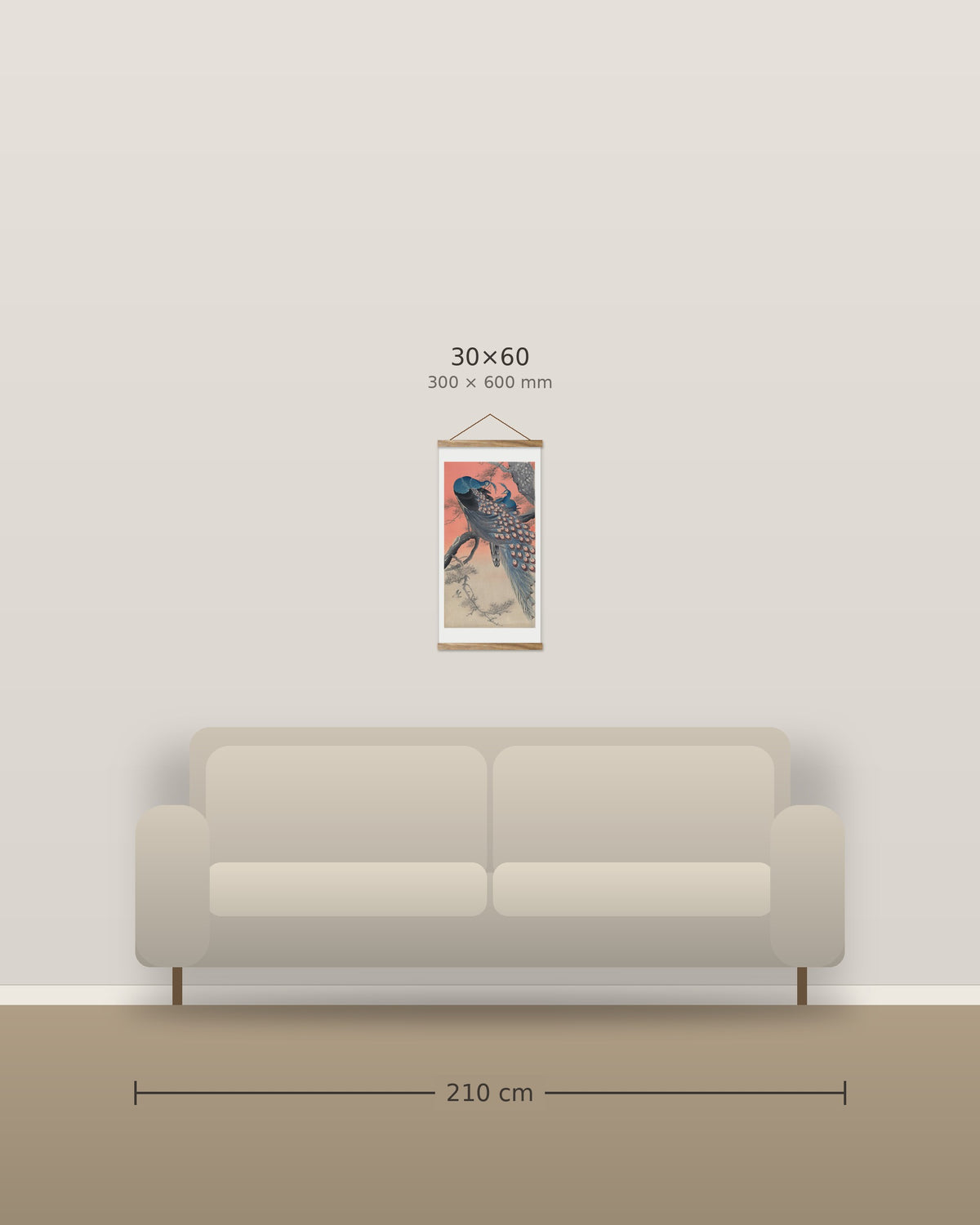 Two Peacocks on Tree Branch – size comparison, 30 x 60 cm above a 210 cm sofa