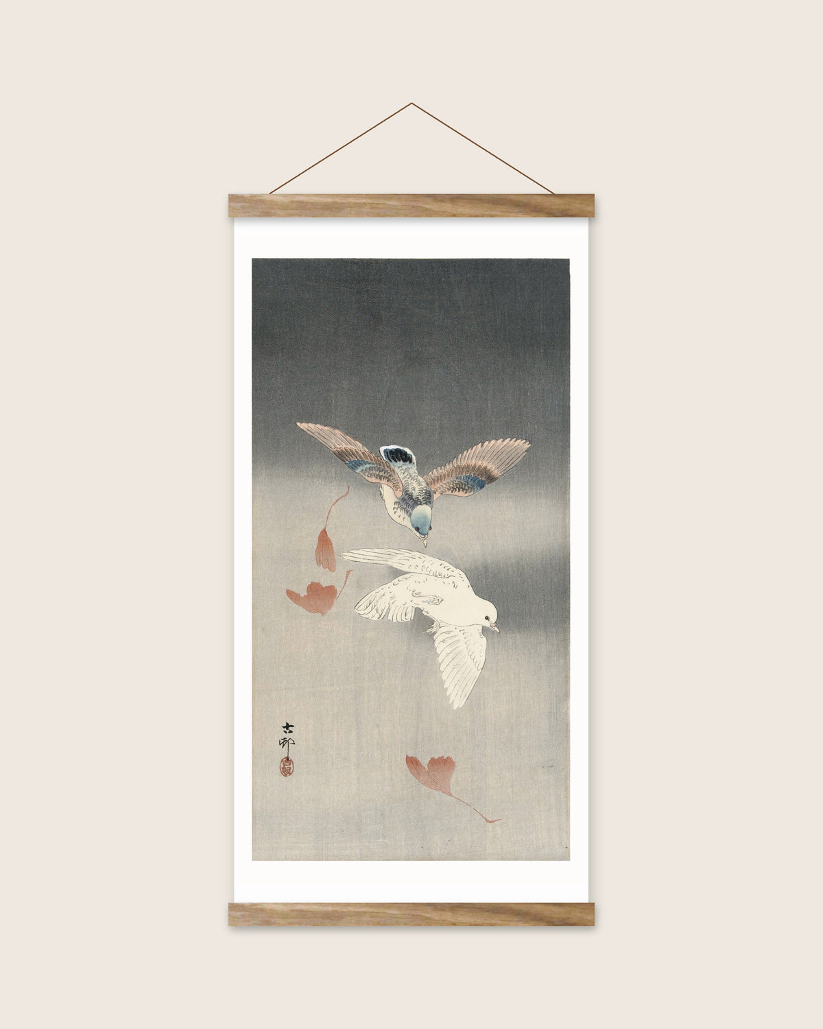 Two pigeons with falling ginko leaves – Ohara Koson art print 30 x 60 cm with wooden poster hanger