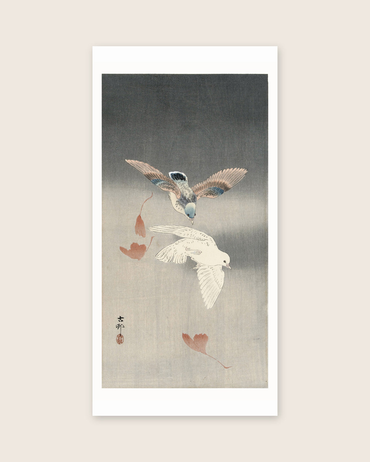Two pigeons with falling ginko leaves – Ohara Koson art print 30 x 60 cm