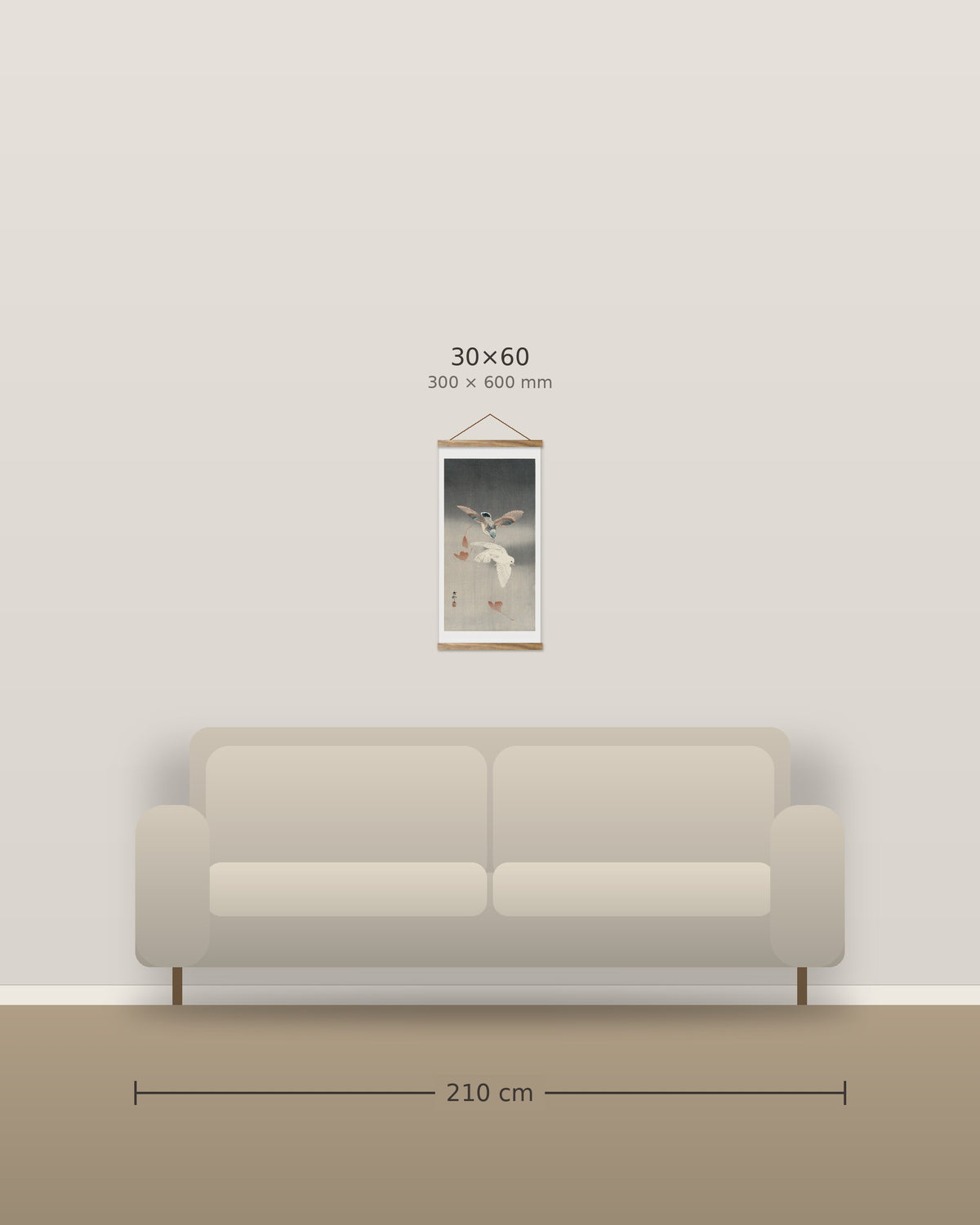 Two pigeons with falling ginko leaves – size comparison, 30 x 60 cm above a 210 cm sofa