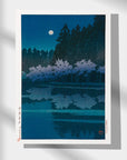 Japanese Art Poster by Kawase Hasui featuring a moonlit lake and Cherry Blossom under a night sky.