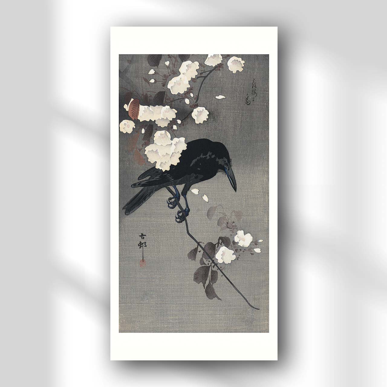 Ohara Koson's Japanese Art Poster featuring crow on branch with flowers