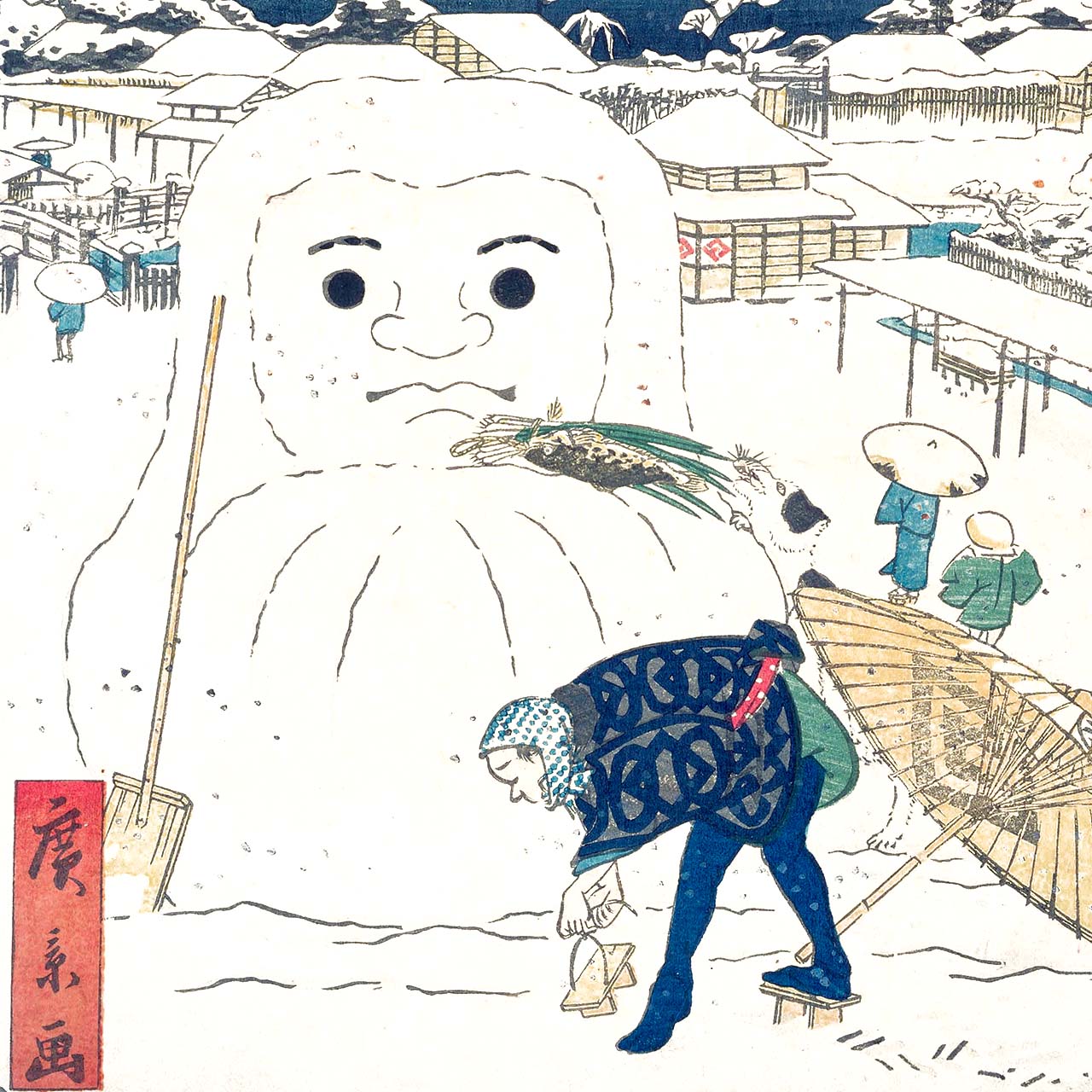 dog stealing a workman&#39;s meal from a snow Daruma - Japonica Graphic