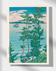  Japanese art poster by Hasui Kawase depicting a boat on the water, pine trees, and white waves lapping on the beach.